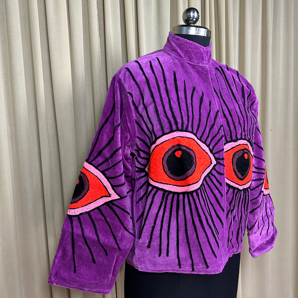 Women's Suzani embroidered Velvet Jacket in purple geometric