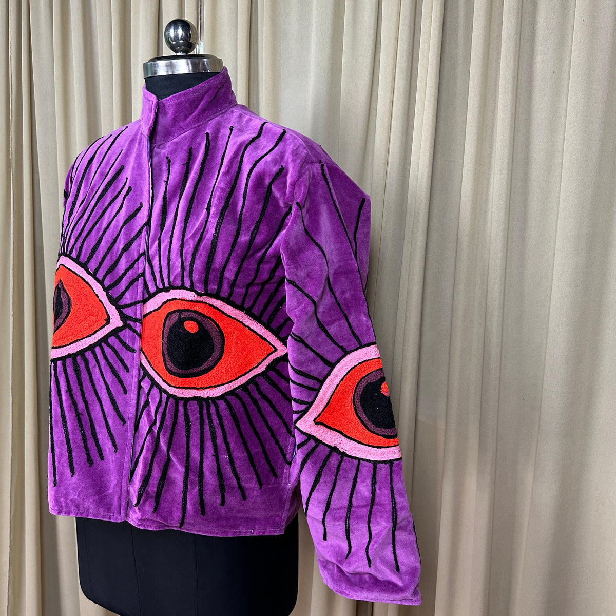 Women's Suzani embroidered Velvet Jacket in purple geometric