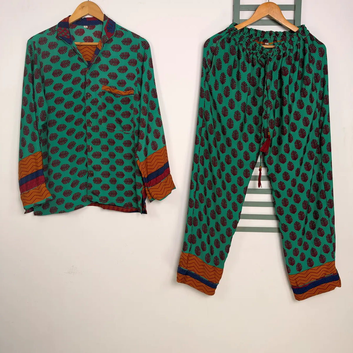 Boho Silk Sari Pajama Set, Colorful Handmade Loungewear for Women with Pockets, Short Sleeve Button Down Top, Drawstring Pants, Gift