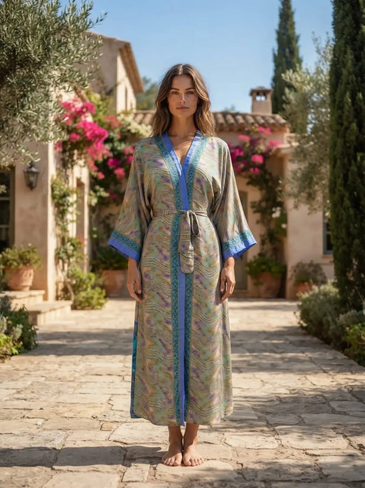Upcycle Boho Silk Long Women kimono, Boho Chic Robe House Beach Cover Up Vintage Bridesmaid Lounge Dressing Gown Resort Wear Gypsy Nightwear