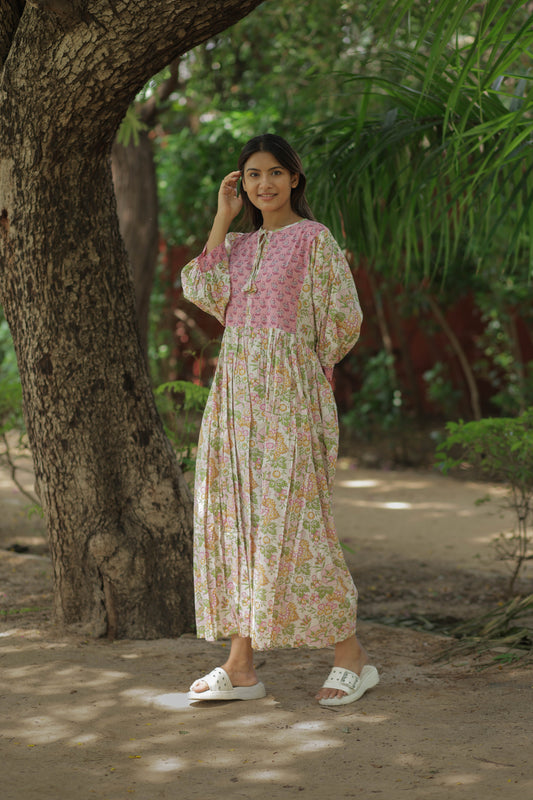 Women Cotton Maxi Dress, Hand Block Printed Floral Dress, Boho Chic Flowy Gown, Long Sleeves With Pockets, Flowy Sustainable Gift For Her