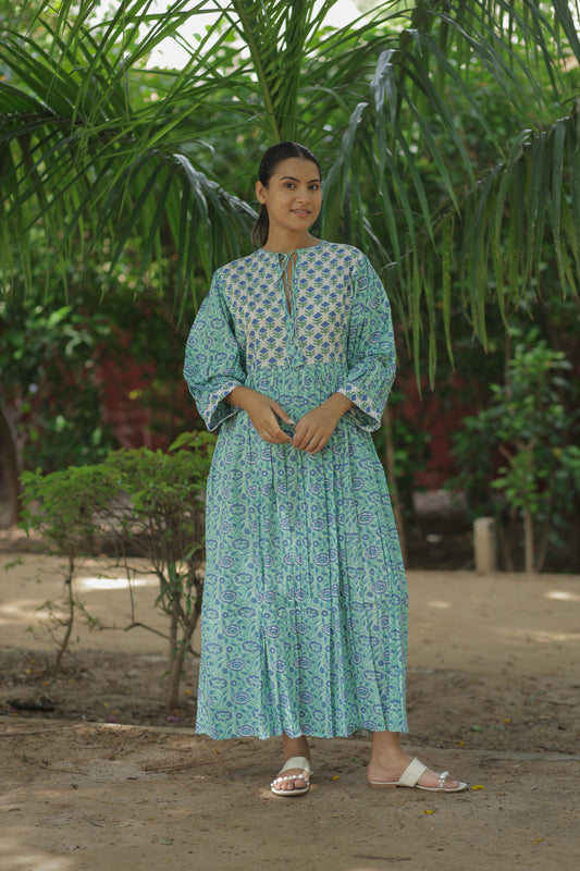Women Cotton Maxi Dress, Hand Block Printed Floral Dress, Boho Chic Flowy Gown, Long Sleeves With Pockets, Flowy Sustainable Gift For Her