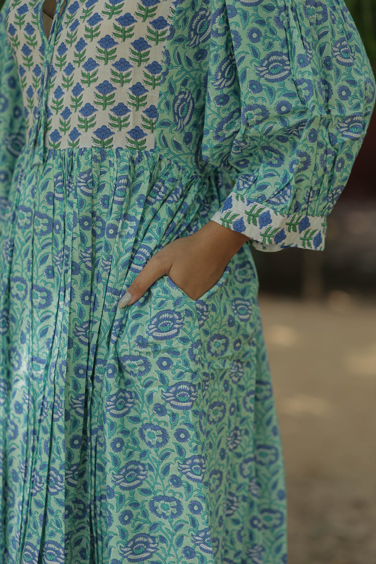 Women Cotton Midi Dress, Hand Block Printed Floral Dress, Boho Chic Flowy Gown, Long Sleeves With Pockets, Flowy Sustainable Gift For Her