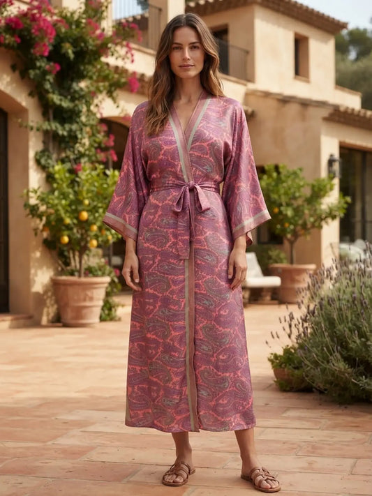 Upcycle Boho Silk Long Women kimono, Boho Chic Robe House Beach Cover Up Vintage Bridesmaid Lounge Dressing Gown Resort Wear Gypsy Nightwear