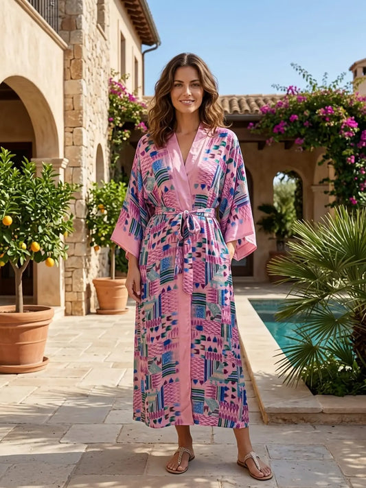 Upcycle Boho Silk Long Women kimono, Boho Chic Robe House Beach Cover Up Vintage Bridesmaid Lounge Dressing Gown Resort Wear Gypsy Nightwear