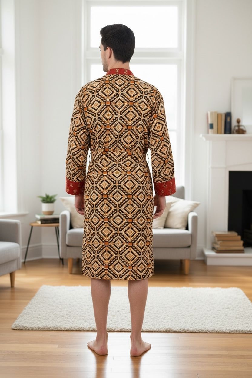 Men's block-printed Cotton Kimono Robe