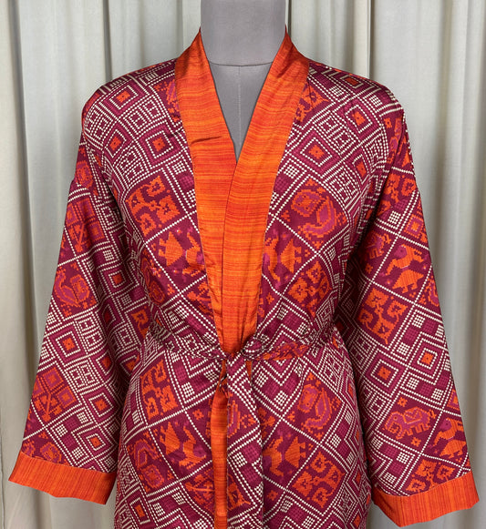Recycle Silk Sari Women Kimono | Boho Chic Beach Cover Up Vintage Lounge Dressing Robe | Resort Wear Regal Gypsy House Robe, Red Geometric