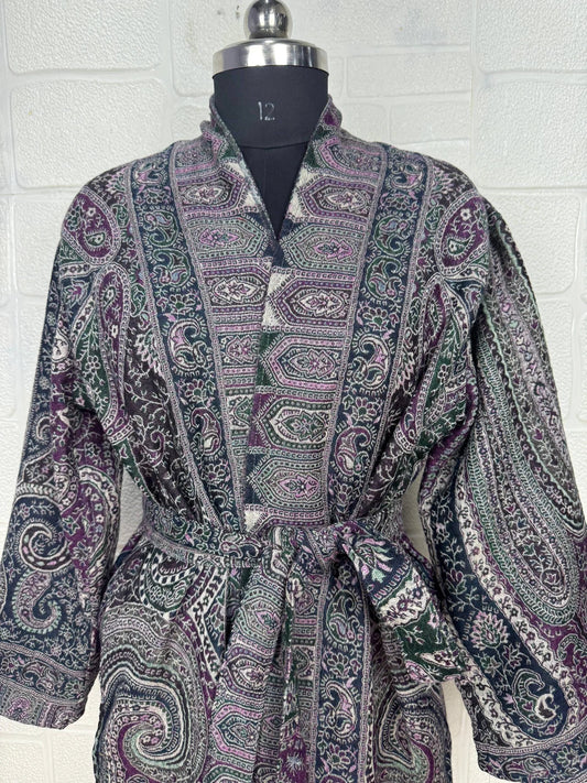 Handmade Boiled Merino Wool Kimono: Paisley Floral Robe Jacket