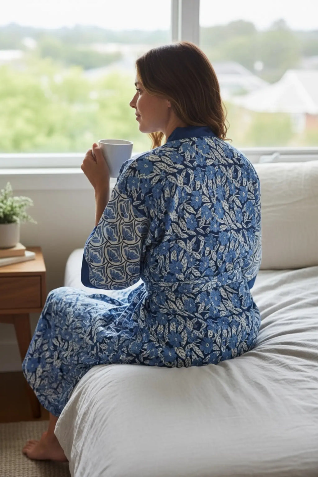 Women's block-printed Cotton Kimono Robe