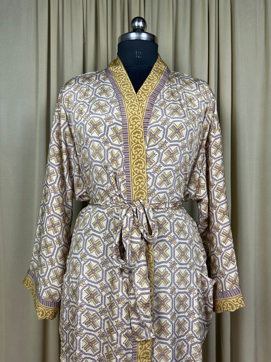 Recycle Silk Sari Women Kimono | Boho Chic Beach Cover Up Vintage Lounge Dressing Robe l Resort Wear Regal Gypsy House Robe, White Geometric