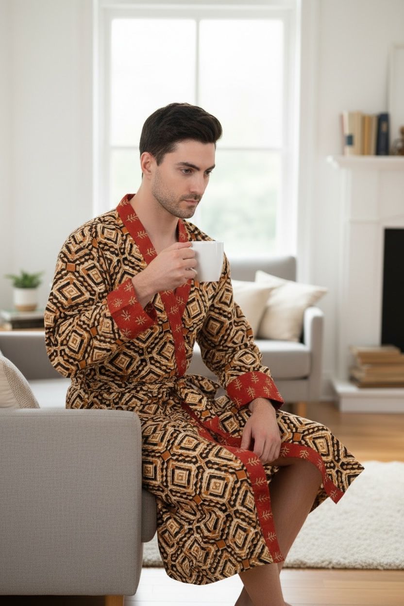 Men's block-printed Cotton Kimono Robe