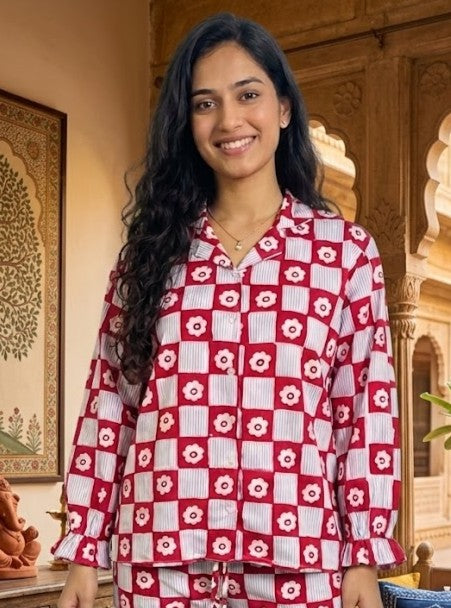 100% Cotton Pyjama Set for Women, Floral PJs, Handblock Print Sleepwear, Button Down Top and Matching Trousers