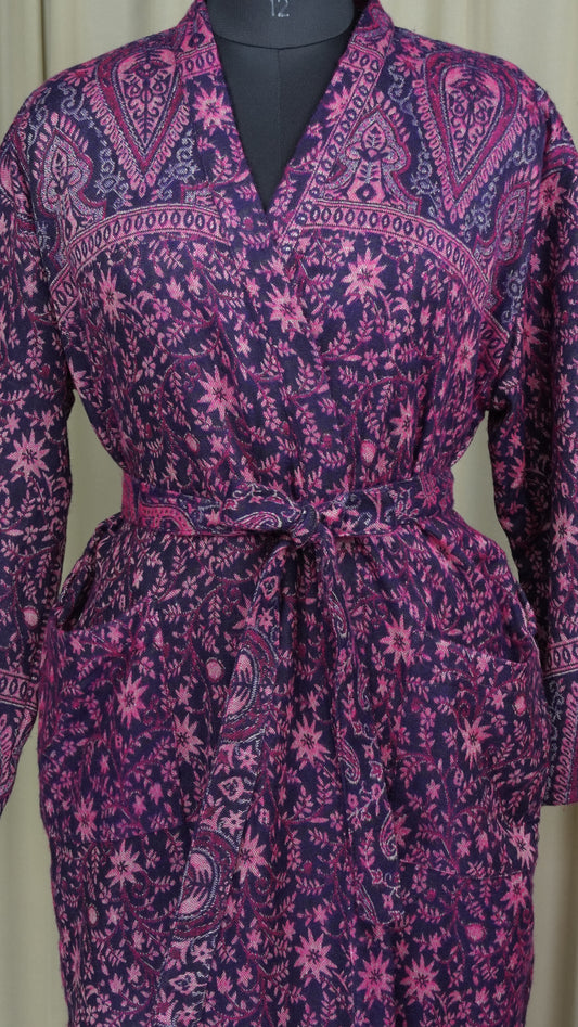 Yak Wool Blend Kimono Robe: Maroon Floral Print, Warm Winter Wear