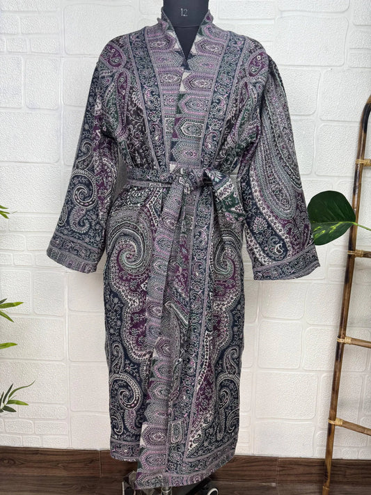 Handmade Boiled Merino Wool Kimono: Paisley Floral Robe Jacket