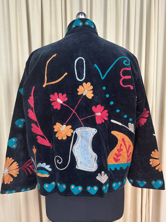 Boho Hand Embroidered Velvet Suzani Jacket, Black Floral Open Front Coat Winter Wear Free Size Robe Retro Chic Free Size Robe Blazer for Her