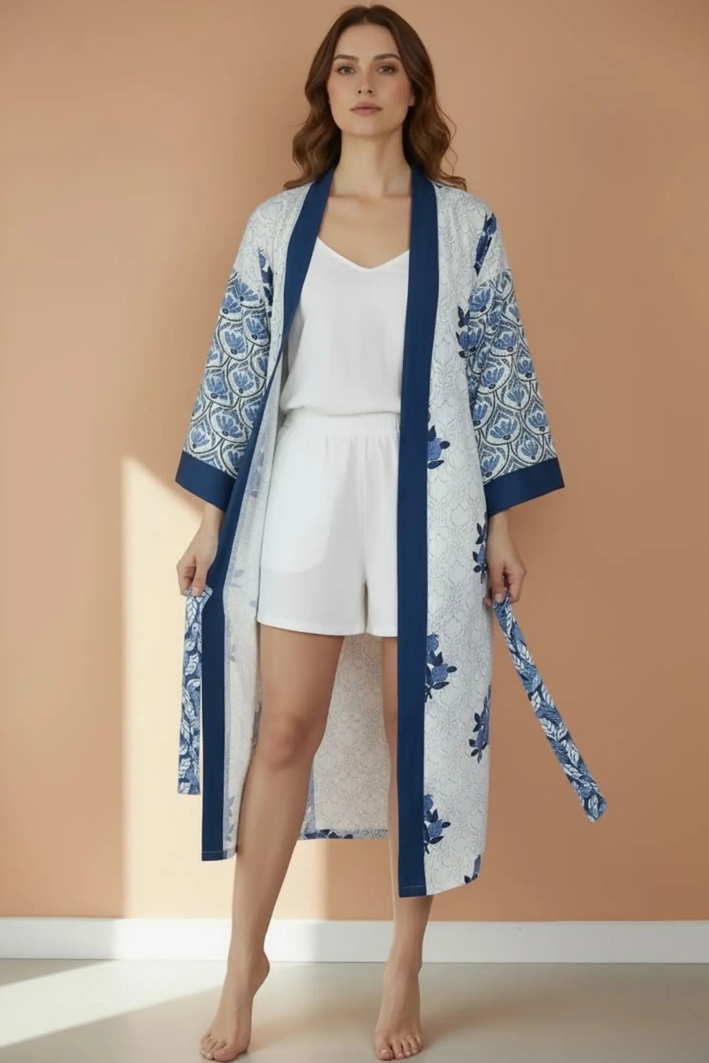 Women's block-printed Cotton Kimono Robe
