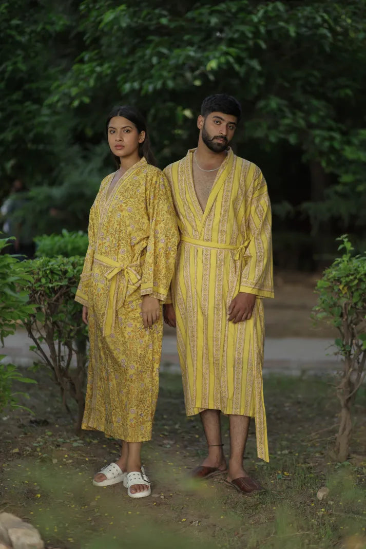 Men's Cotton Kimono Robe in striped with pockets