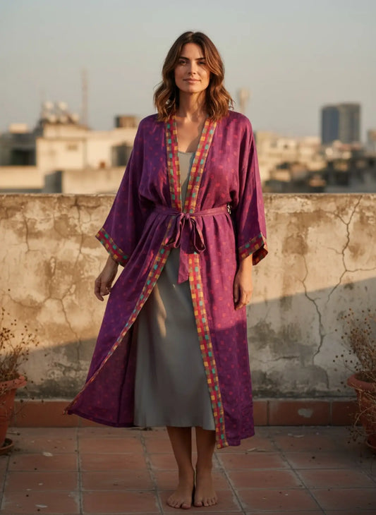 Recycle Silk Sari Women Kimono | Boho Chic Robe House, Beach Cover Up Vintage Bridesmaid Lounge Dressing Gown l Resort Wear Gypsy Nightwear