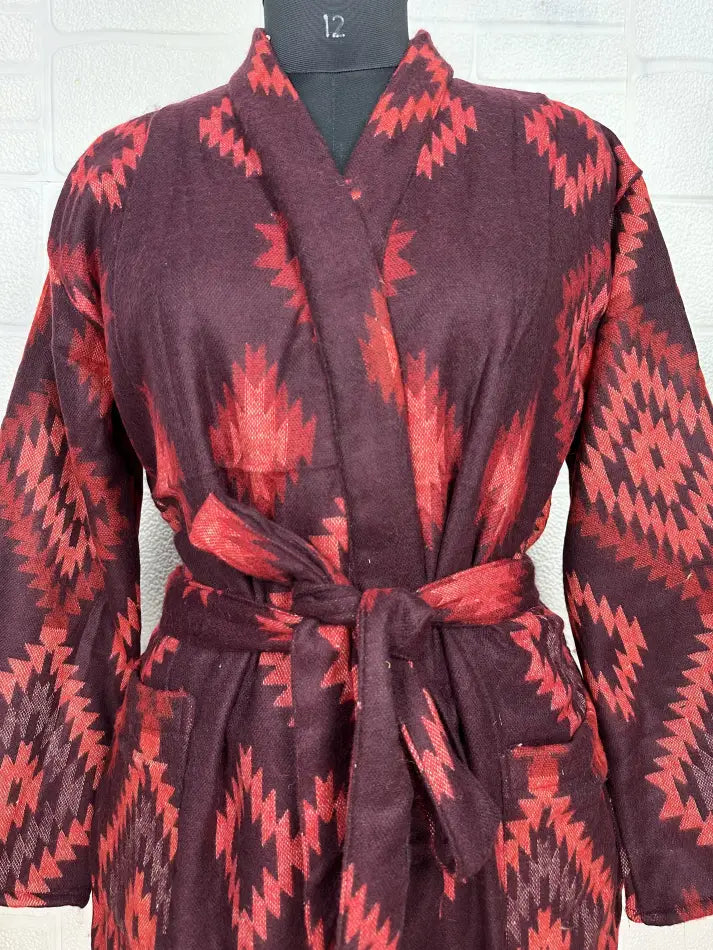Yak Wool Blend Women Kimono Robe, Cozy Winter Romance Loungewear, Red Diamond Print Cardigan House Coat with Pockets | Quirky Christmas Gift