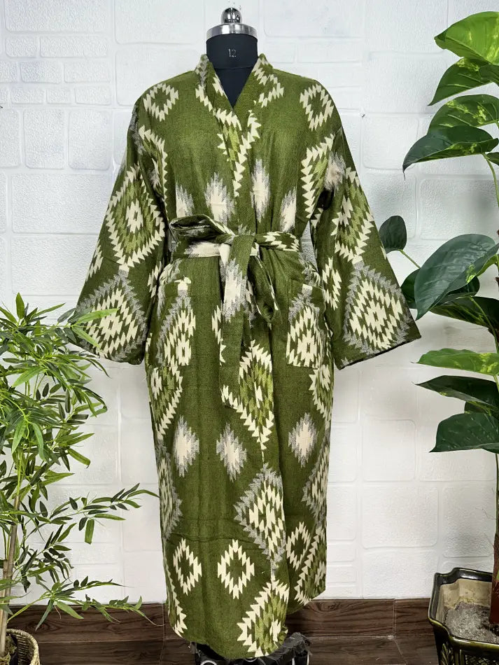 Yak Wool Blend Women Kimono Robe, Cozy Winter Romance Loungewear, Green Diamond Print Cardigan House Coat with Pockets Quirky Christmas Gift