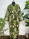 Yak Wool Blend Women Kimono Robe, Cozy Winter Romance Loungewear, Green Diamond Print Cardigan House Coat with Pockets Quirky Christmas Gift