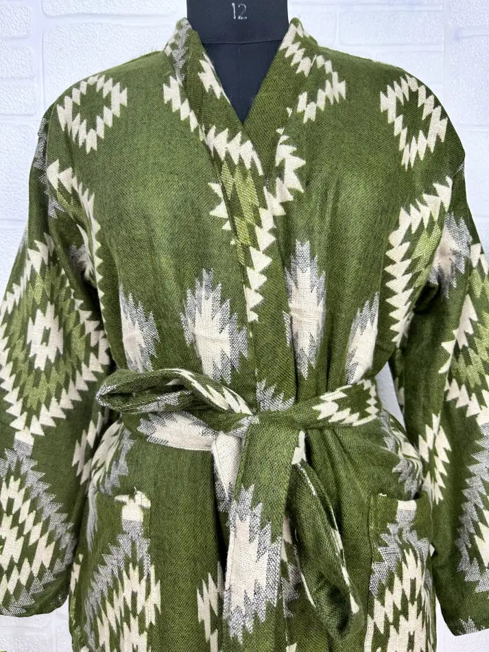 Yak Wool Blend Women Kimono Robe, Cozy Winter Romance Loungewear, Green Diamond Print Cardigan House Coat with Pockets Quirky Christmas Gift
