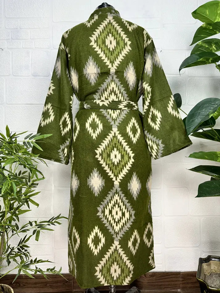 Yak Wool Blend Women Kimono Robe, Cozy Winter Romance Loungewear, Green Diamond Print Cardigan House Coat with Pockets Quirky Christmas Gift