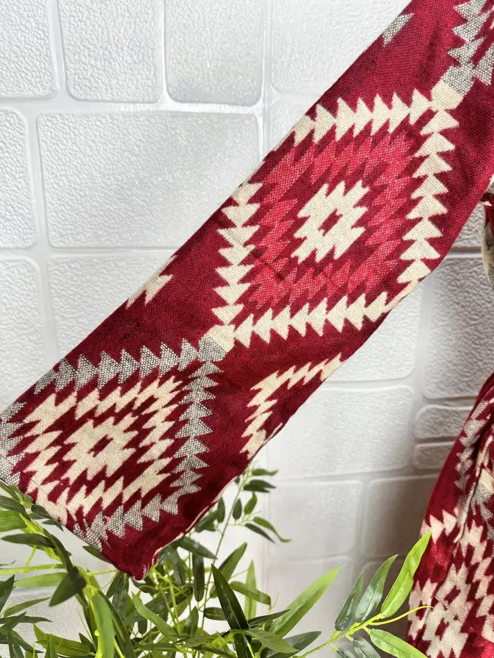 Kimono/Robe unisexe en mélange de laine de yak avec diamants géométriques | Luxueux imprimé floral urbain beige rouge sarcelle | Cadeau de Noël chaleureux et hygge pour elle et lui