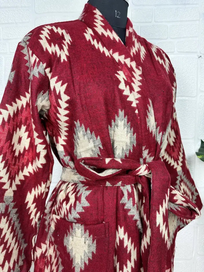Kimono/Robe unisexe en mélange de laine de yak avec diamants géométriques | Luxueux imprimé floral urbain beige rouge sarcelle | Cadeau de Noël chaleureux et hygge pour elle et lui