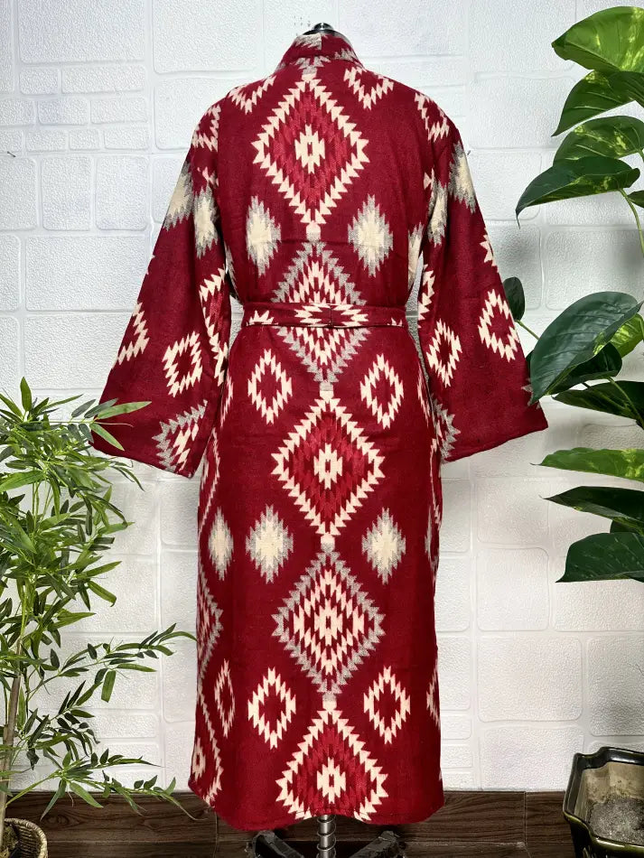 Kimono/Robe unisexe en mélange de laine de yak avec diamants géométriques | Luxueux imprimé floral urbain beige rouge sarcelle | Cadeau de Noël chaleureux et hygge pour elle et lui