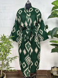 Yak Wool Blend Women Kimono Robe, Cozy Winter Romance Loungewear, Green Diamond Print Cardigan House Coat with Pockets Quirky Christmas Gift