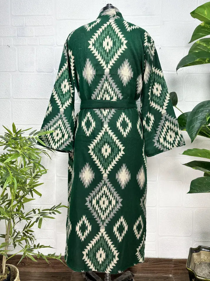 Yak Wool Blend Women Kimono Robe, Cozy Winter Romance Loungewear, Green Diamond Print Cardigan House Coat with Pockets Quirky Christmas Gift