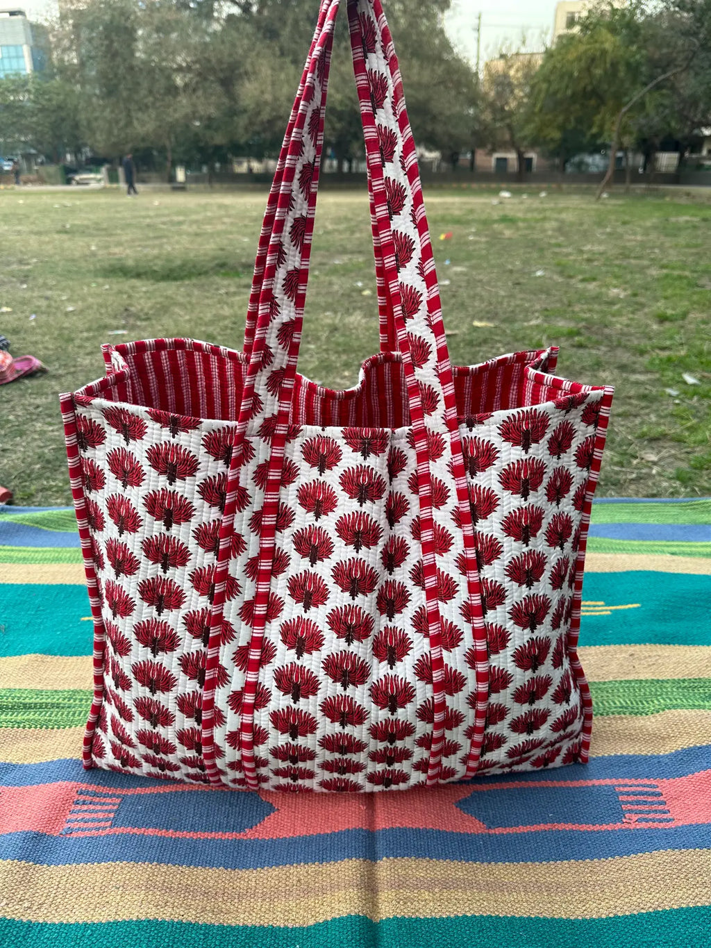 reversible Cotton Tote Bag in red white floral