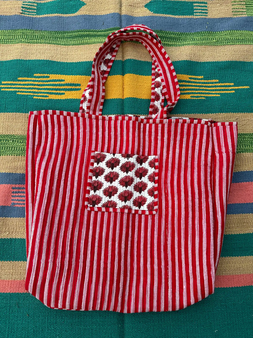 reversible Cotton Tote Bag in red white floral