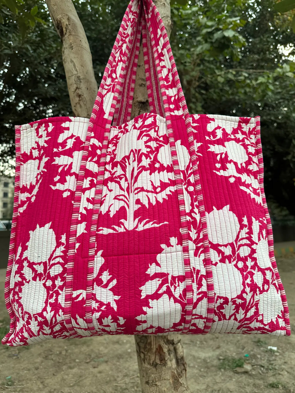 reversible Cotton Tote Bag in red white floral