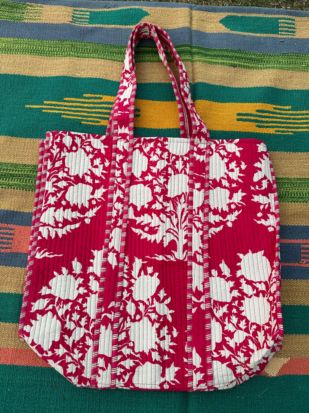 reversible Cotton Tote Bag in red white floral