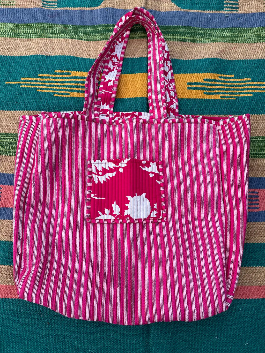 reversible Cotton Tote Bag in red white floral