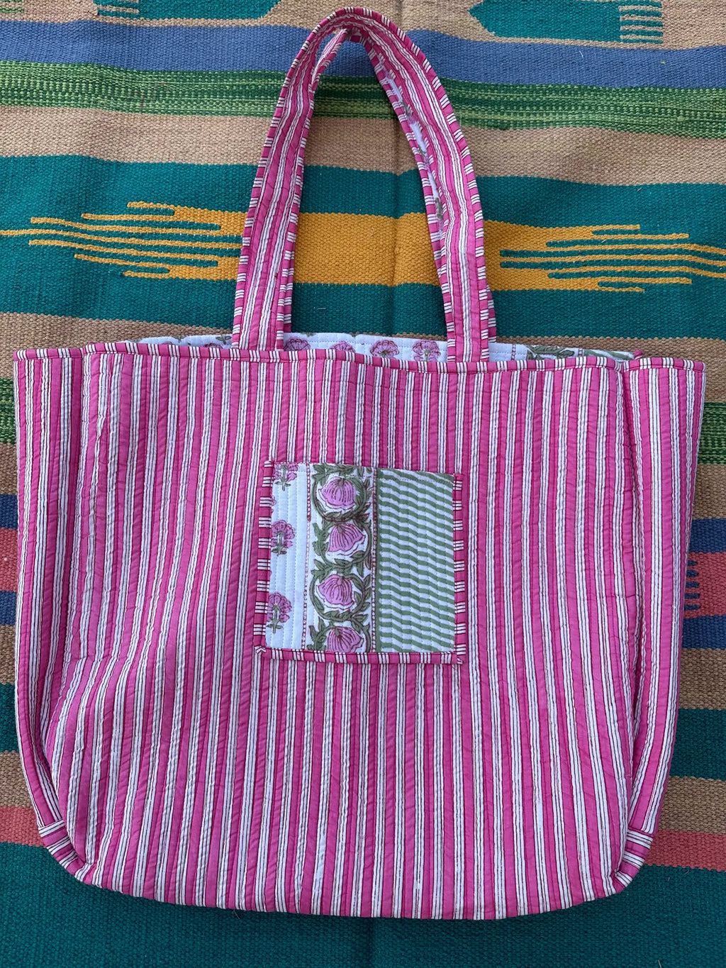 reversible Cotton Tote Bag in pink white