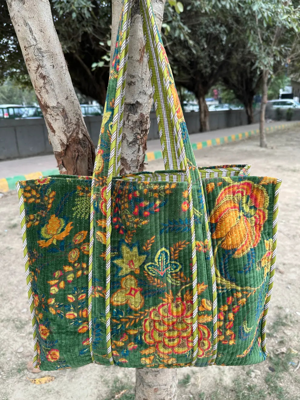 reversible Velvet & Cotton Tote Bag in ochre