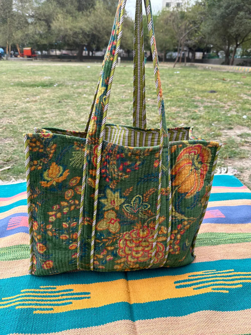 reversible Velvet & Cotton Tote Bag in ochre