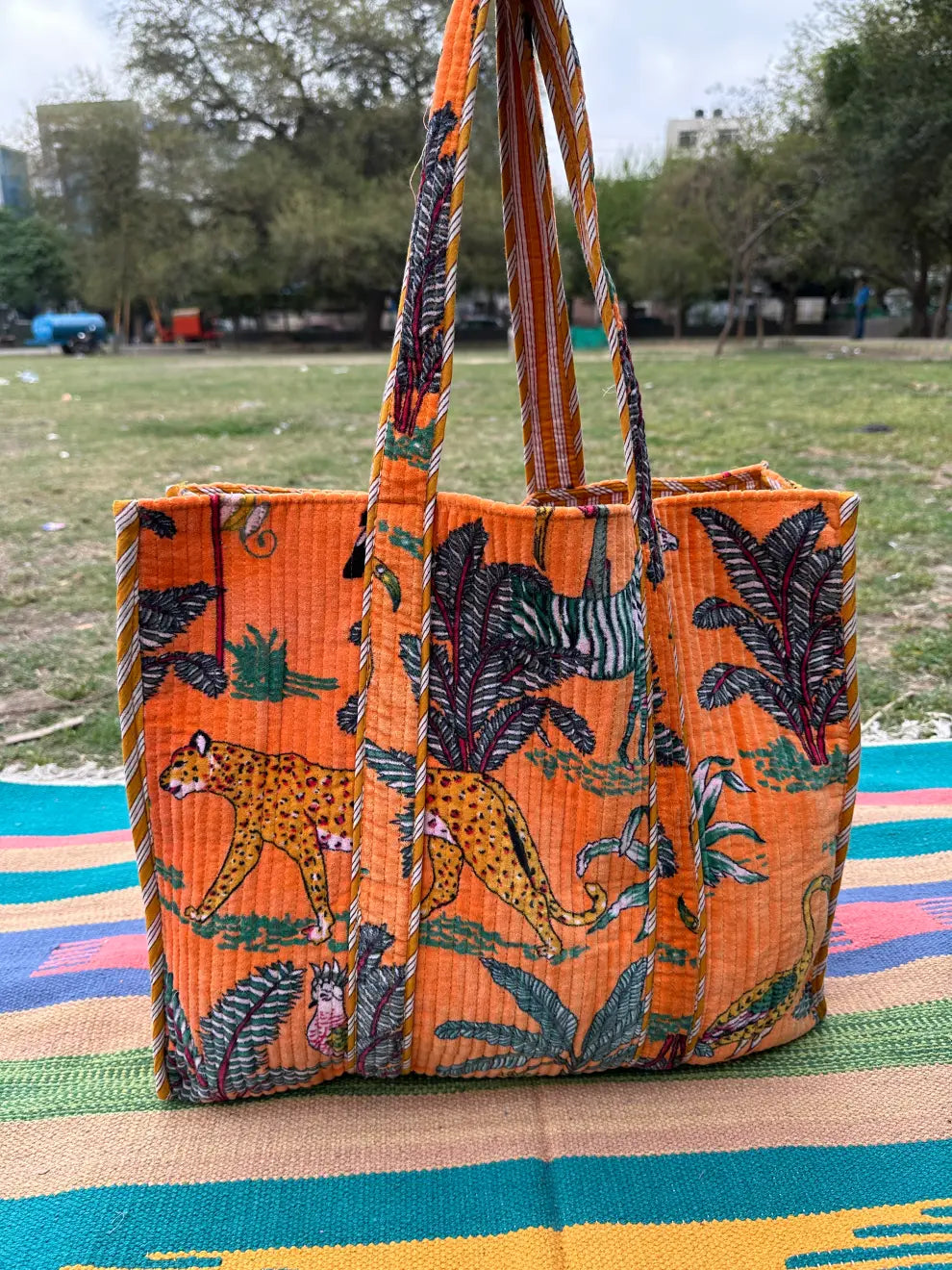 reversible Velvet & Cotton Tote Bag in ochre