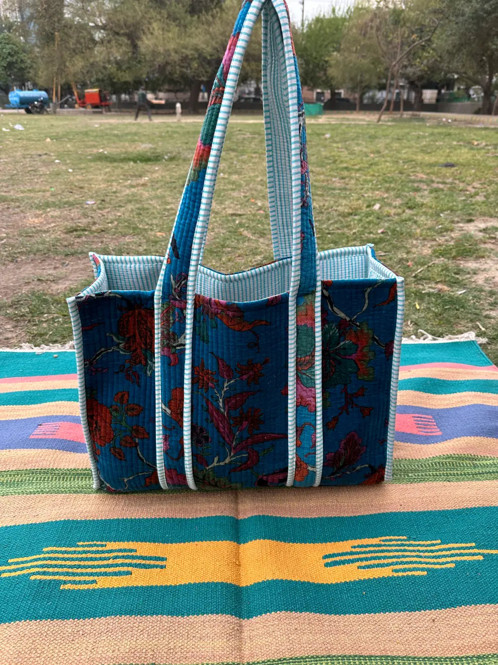 Boho Tote Bag Large Reversible Quilted Velvet Cotton | Beach Weekend Bag Eco friendly Sustainable Sturdy Grocery Shopping Ochre