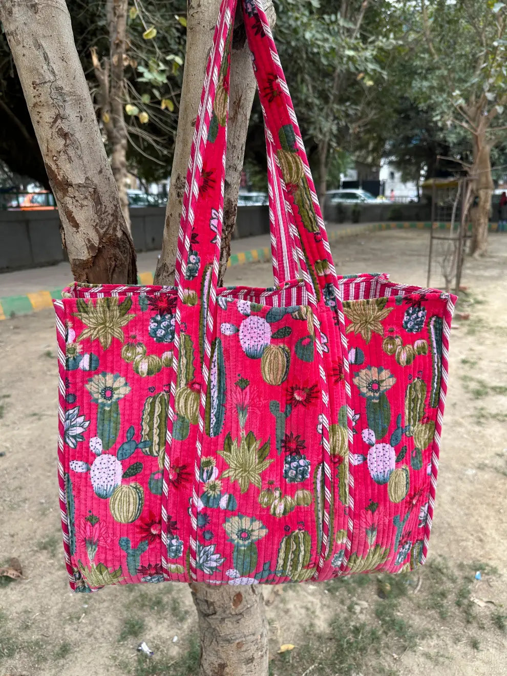 reversible Velvet & Cotton Tote Bag in ochre