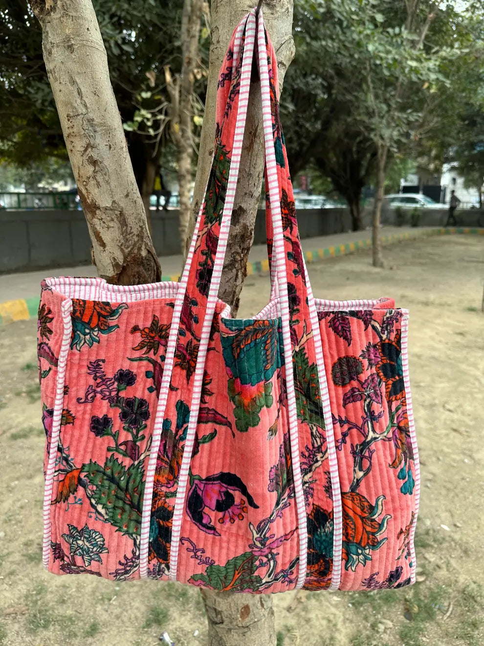 reversible Velvet & Cotton Tote Bag in ochre