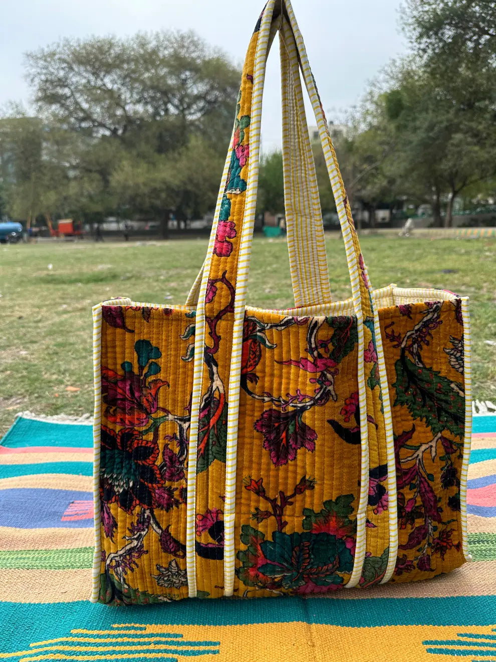 reversible Velvet & Cotton Tote Bag in ochre