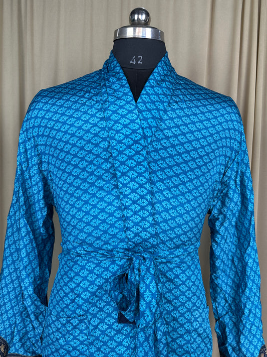 Silky Soft Men’s Kimono Robe | Masculine Elegant Classic Sustainable Vintage House Robe gift | Timeless Comfy Lounge Beach Wear, Blue Floral