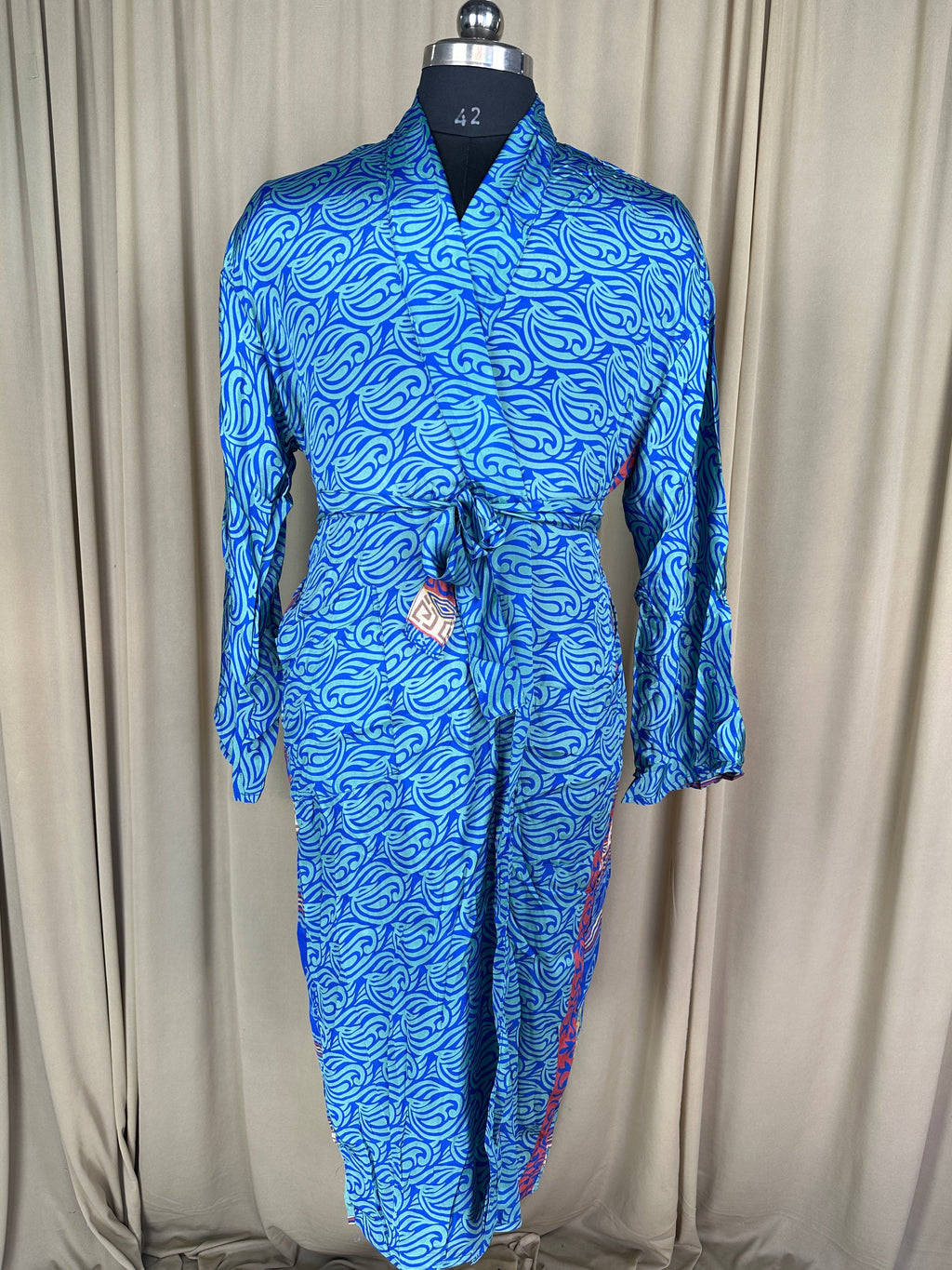 Men's Silky Kimono Robe in blue geometric