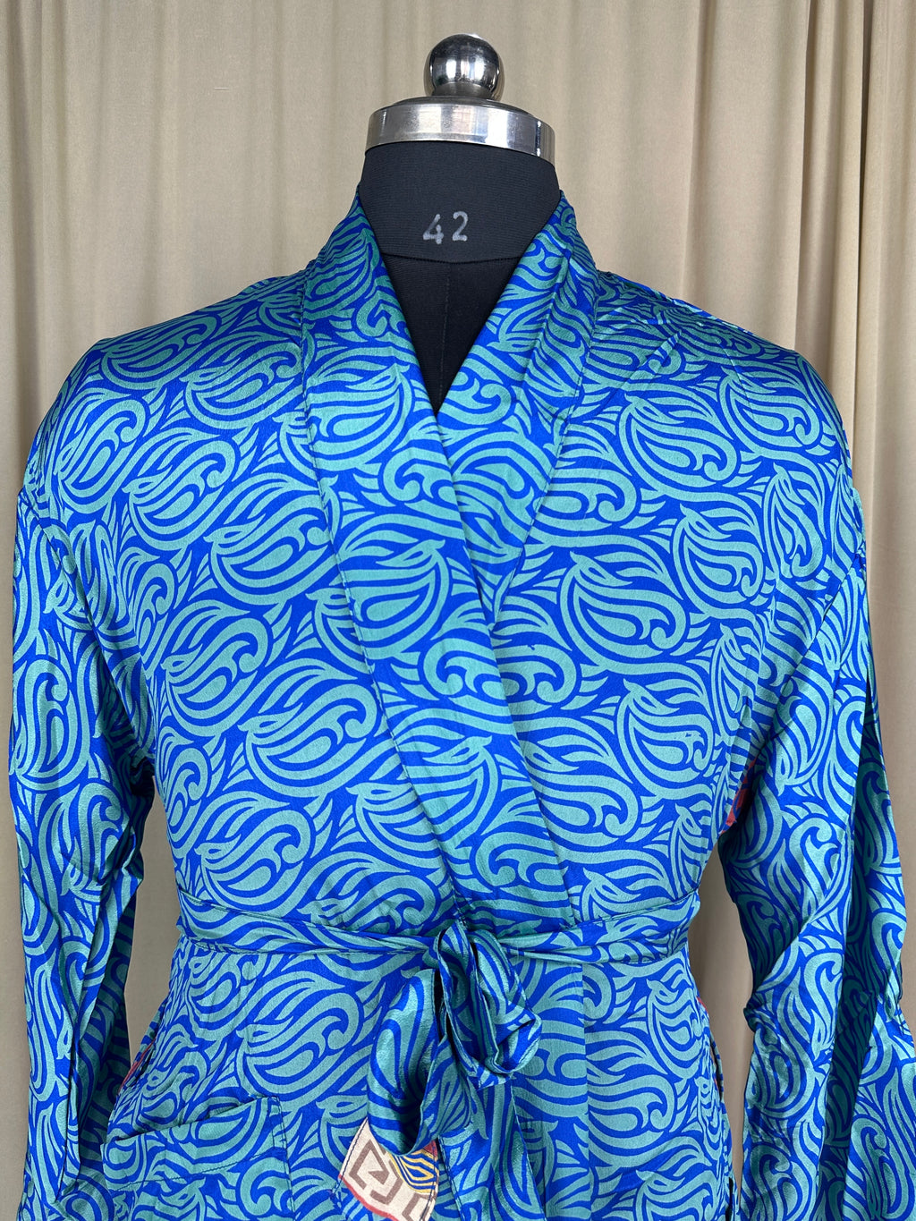 Men's Silky Kimono Robe in blue geometric
