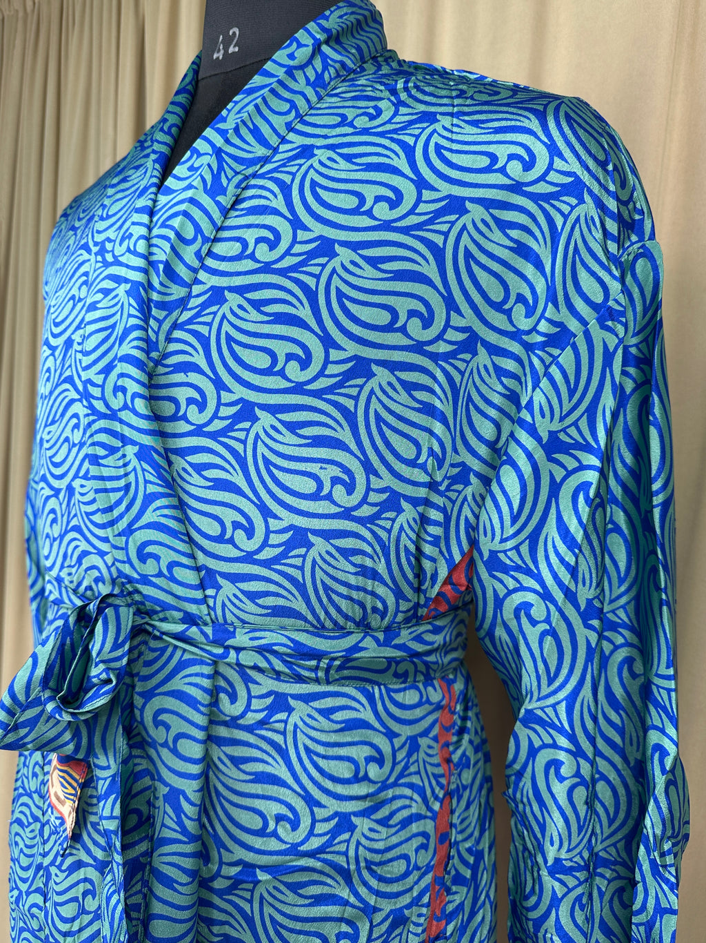 Men's Silky Kimono Robe in blue geometric