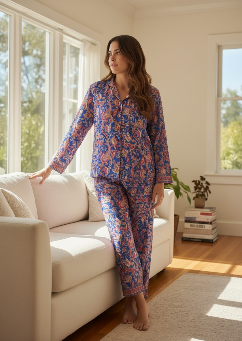Women's Silk Blend Pajama Set in paisley with pockets